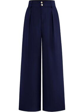 Women's Wide Leg Dress Pants Navy High Waisted Button Pleated Trousers Palazzo